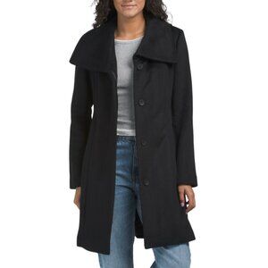 COLE HAAN Black Wool Blend Oversized Collar Coat